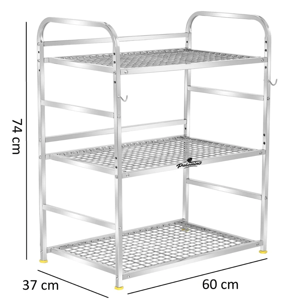 Palomino Kitchen Microwave Shelf, Stand Kitchen Counter Shelf Organizer, Microwave Oven Rack, 3 Tiers with 2 Hooks (75 x 38 x 11 cm, Stainless Steel, Tiered Shelf)