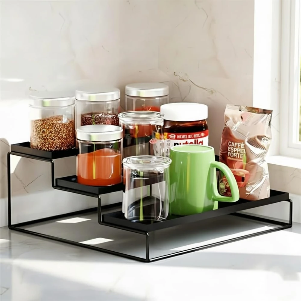 Homify 3-Tier Kitchen Organizer - Spice Rack, Utensil Holder & Countertop Storage (Black) (31x29x12 cm)