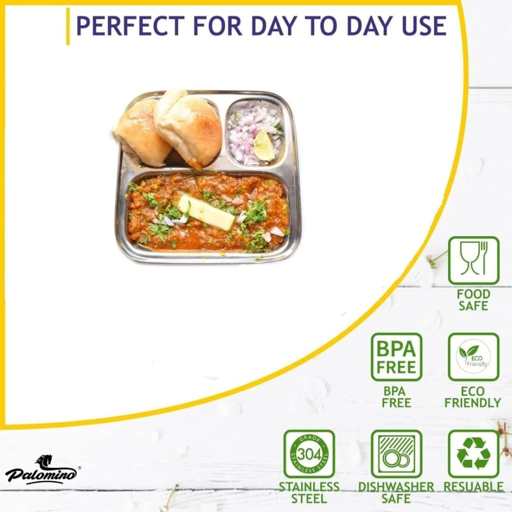 Palomino 3 in 1 Stainless Steel Square Plates with Compartments | Tiffin Plates | Idli Sambhar Plates | Partition Plates | Breakfast Plate | Steel Plates for Lunch/Dinner