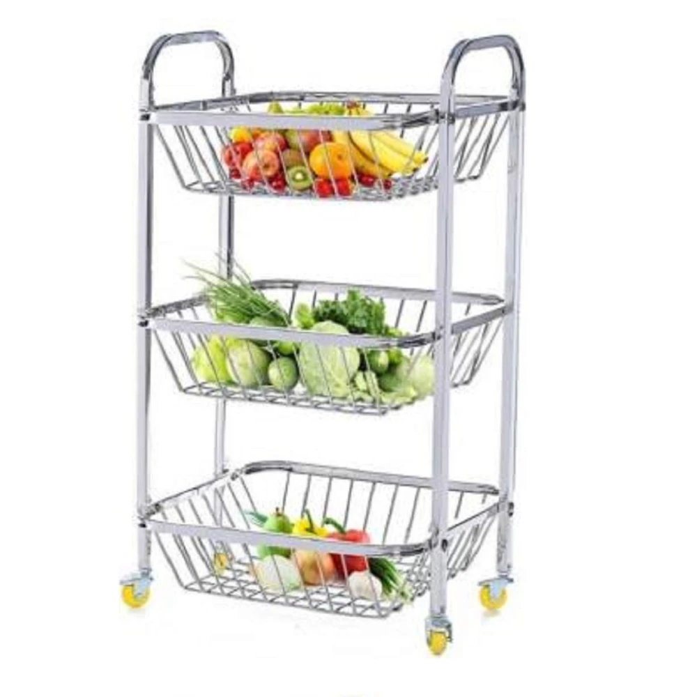 Palomino Stainless Steel 3 Shelf Fruits and Vegetable Trolley with Wheels | Fruits Basket | Modular Kitchen Storage Basket | Kitchen Organizer (Steel)