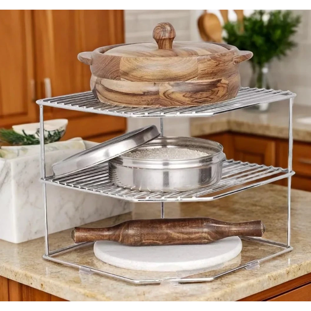 Palomino Stainless Steel 3-Tier Countertop Storage Rack For Corners, Multipurpose Stainless Steel Kitchen Plate Dish Corner Shelf Rack Stand Holder, Corner Shelf