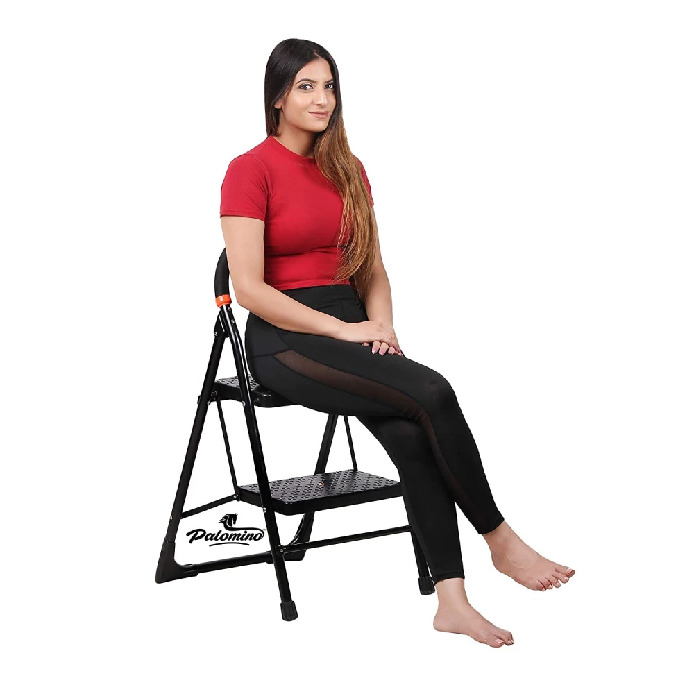 Palomino Black Heavy Duty Folding 2.1 Ft Stepladders with Wide 2 Steps Ladder Sidhi (Make in India)-Black