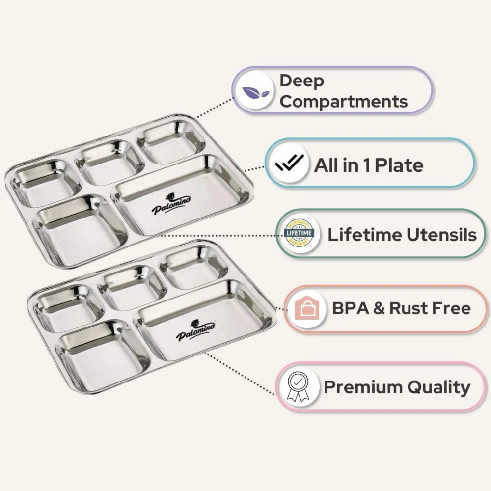 Palomino 5 in 1 Stainless Steel Plates with Compartments | Tiffin Plates | Idli Sambhar Plates | Partition Plates | Breakfast Plate | Steel Plates for Lunch/Dinner (Set of 6 )