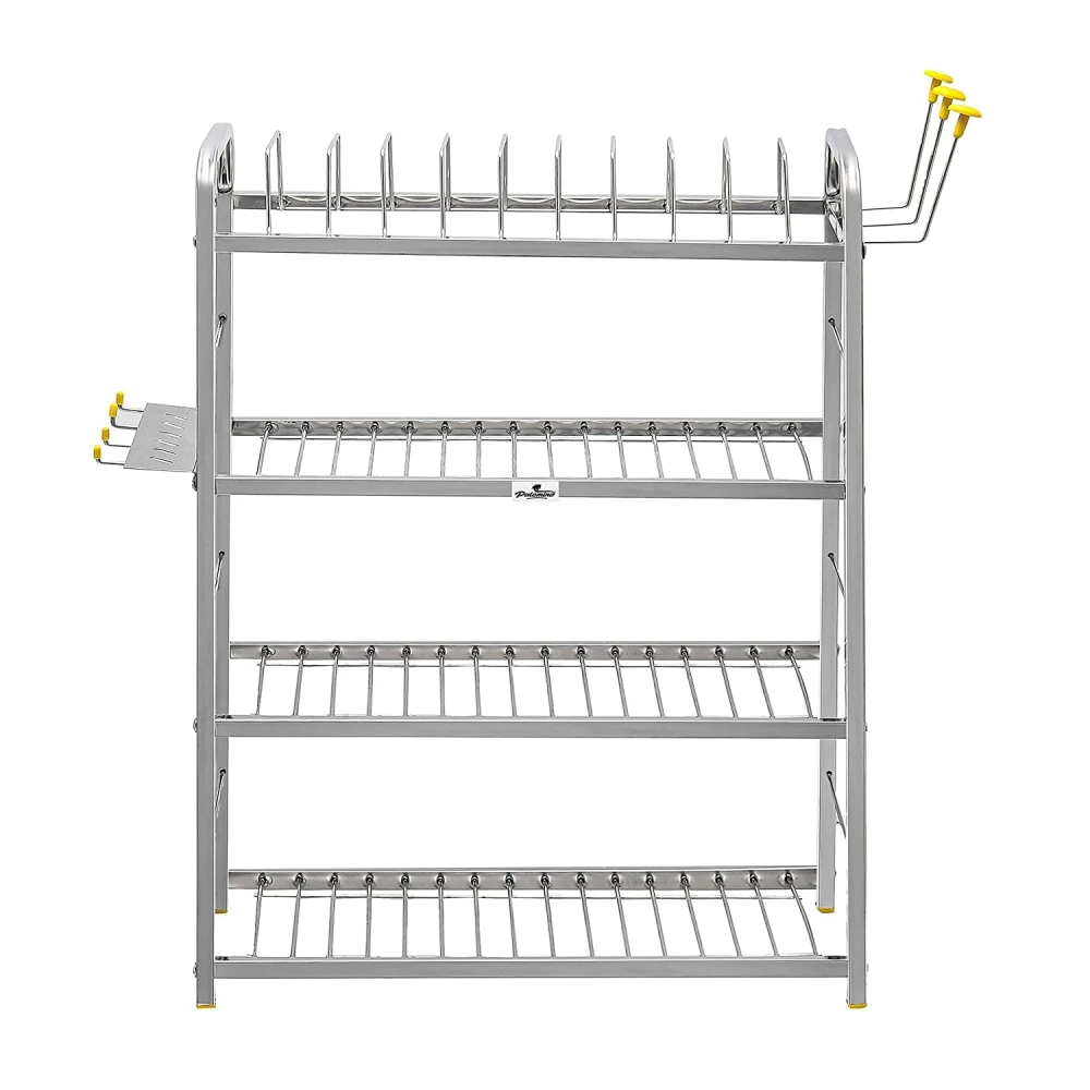 Homify 4-Layer Stainless Steel Wall Mount Kitchen Dish Rack | 24x18 Inch Plate & Cutlery Stand | Modular Kitchen Organizer | Rust-Proof Utensil Storage Rack | Space Saving Bartan Stand (Silver)