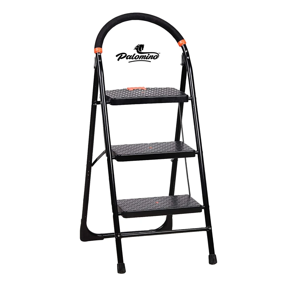 Palomino Black Heavy Duty Folding 3.1 Ft Stepladders with Wide 3 Steps Ladder Sidhi (Make in India)-Black