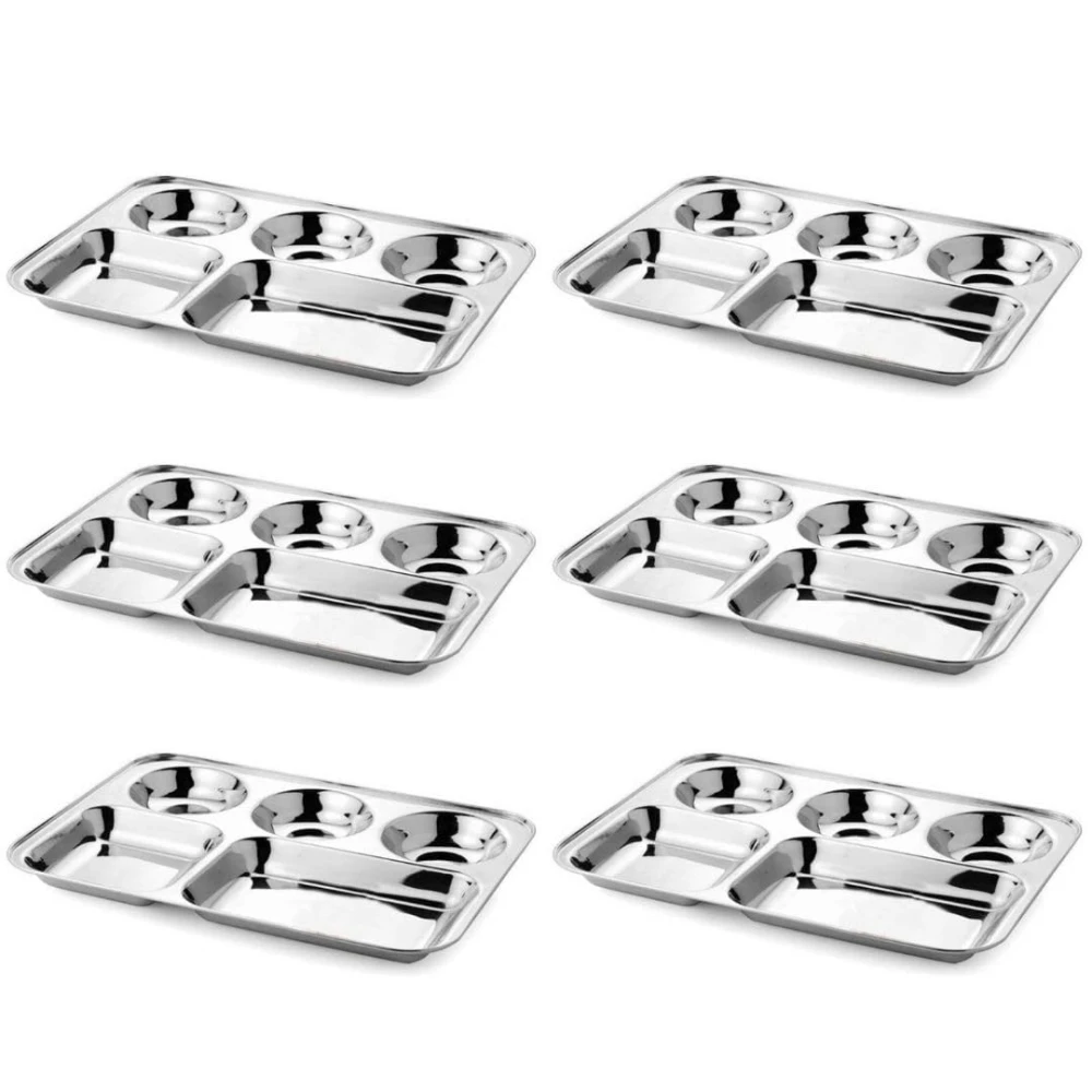 Palomino 5 in 1 Stainless Steel Plates with Compartments | Tiffin Plates | Idli Sambhar Plates | Partition Plates | Breakfast Plate | Steel Plates for Lunch/Dinner