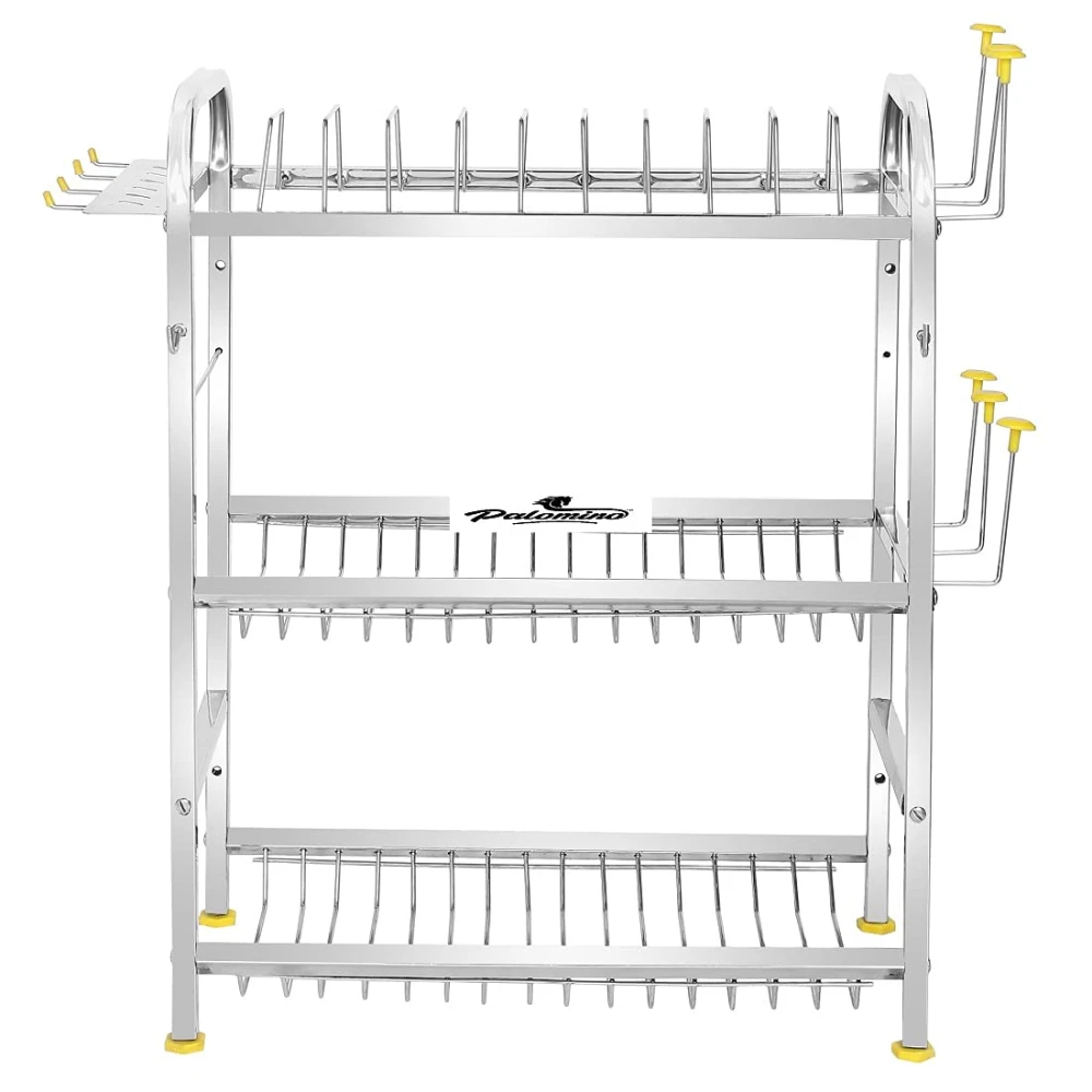 Palomino Stainless Steel 4 Shelf Wall Mount Kitchen Utensils Rack | Dish Rack with Plate & Cutlery Stand | Modular Kitchen Storage Rack | Kitchen Organizer (18x24 inches)