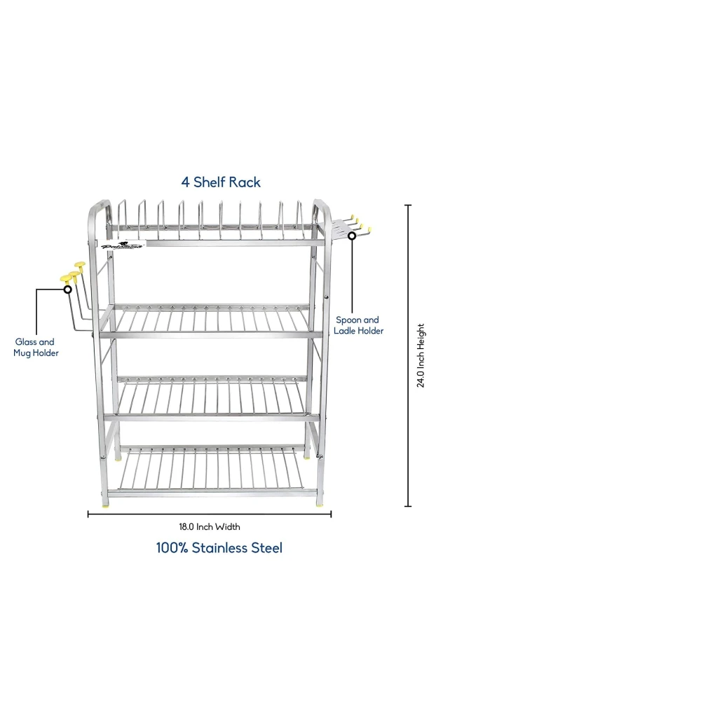 Palomino Stainless Steel 4 Layer Shelf Wall Mount Kitchen Dish Rack | Utensils Rack with Plate & Cutlery Stand | Modular Kitchen Storage Rack | Kitchen Organizer (24 X 18 Inch)