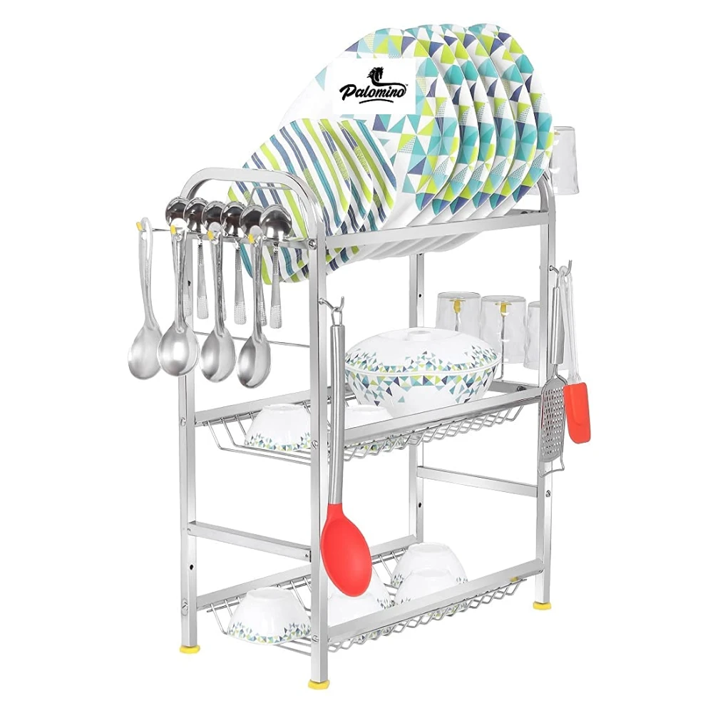 Palomino Stainless Steel 4 Shelf Wall Mount Kitchen Utensils Rack | Dish Rack with Plate & Cutlery Stand | Modular Kitchen Storage Rack | Kitchen Organizer (18x24 inches)