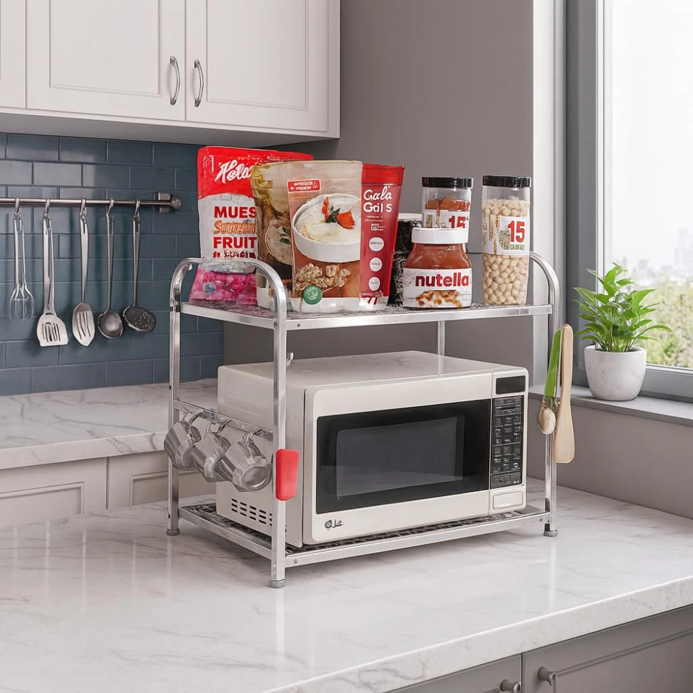Palomino Stainless Steel 2 Shelf Microwave Or Oven Stand | Multipurpose Counter Top Standing 2 Tier Kitchen Rack | Kitchen Organizer, Tiered Shelf