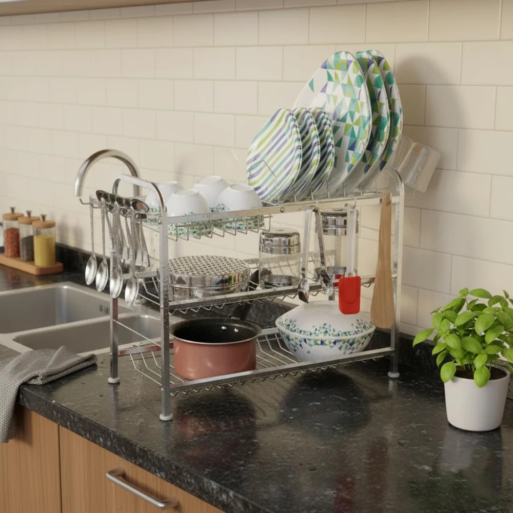 Homify Opal 18x21 inch Wall Mount Kitchen Utensils Dish Rack | Stainless Steel Utensil Rack/Stand | Dish Stand/Holder | Kitchen Organizer | Utensils Rack with Plate & Cutlery Organizer