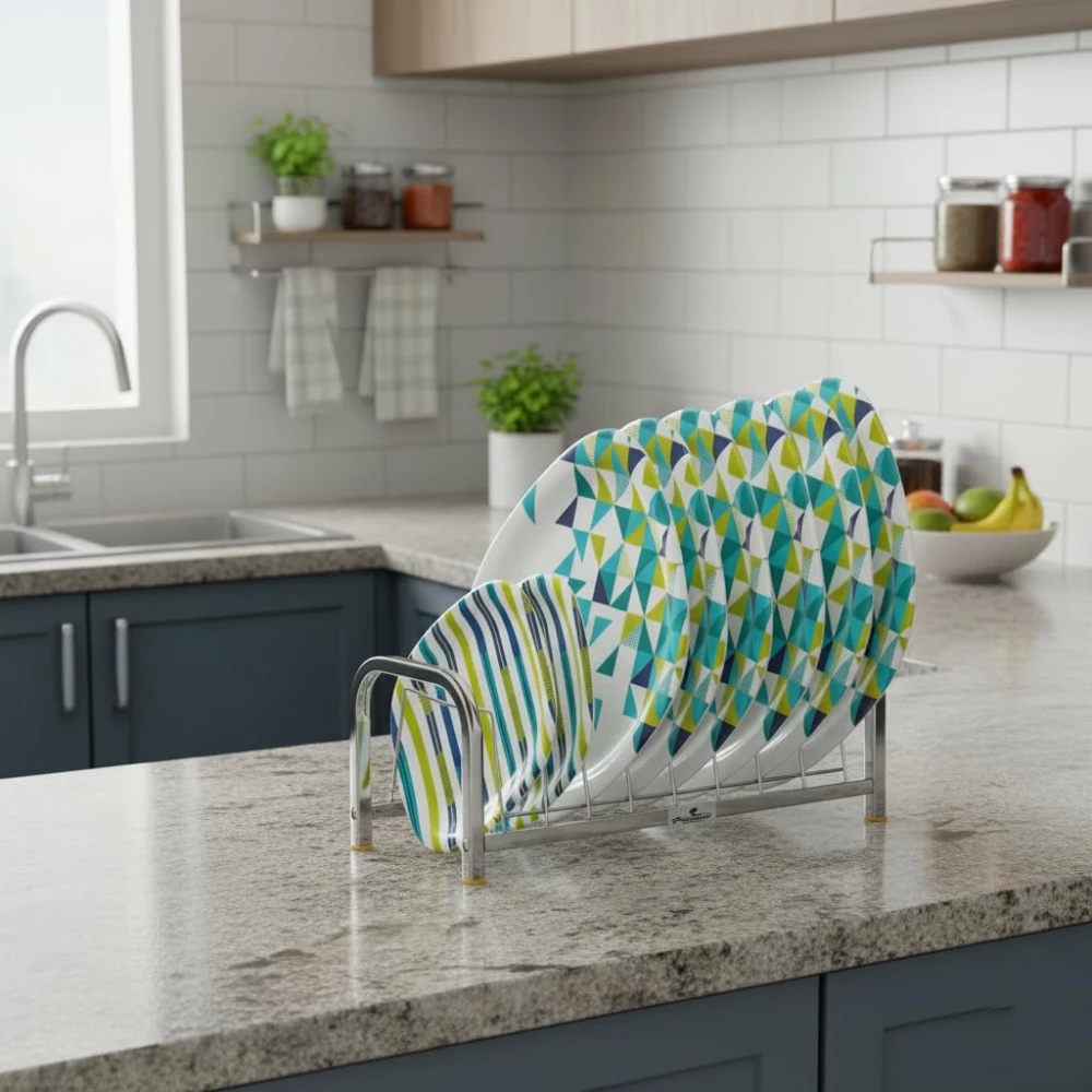Palomino Stainless Steel Dish Rack – Chrome Plated 8-Plate Stand/Utensil Holder for Kitchen Steel Plate Organizer, Rust-Resistant & Durable
