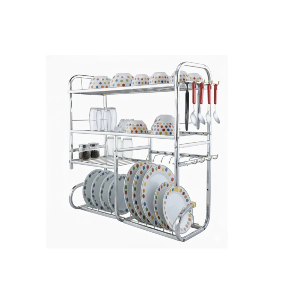 Palomino Stainless Steel Kitchen Dish Rack | Wall-Mounted Drying Rack with Utensil Holder | Bartan Stand | Utensil Stand | Space-Saving Storage Shelves (24 x 24 Inch)