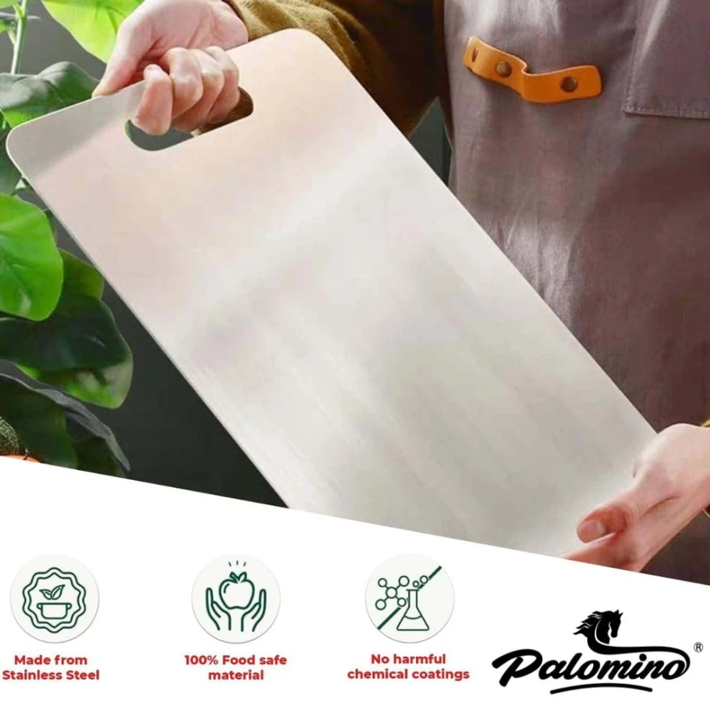 Palomino Stainless Steel Chopping Board & Rolling Pin | Non-Slip, Round Edge, Rust-Proof | Ideal for Fruits, Meat & Veggies (45CMx31CM)