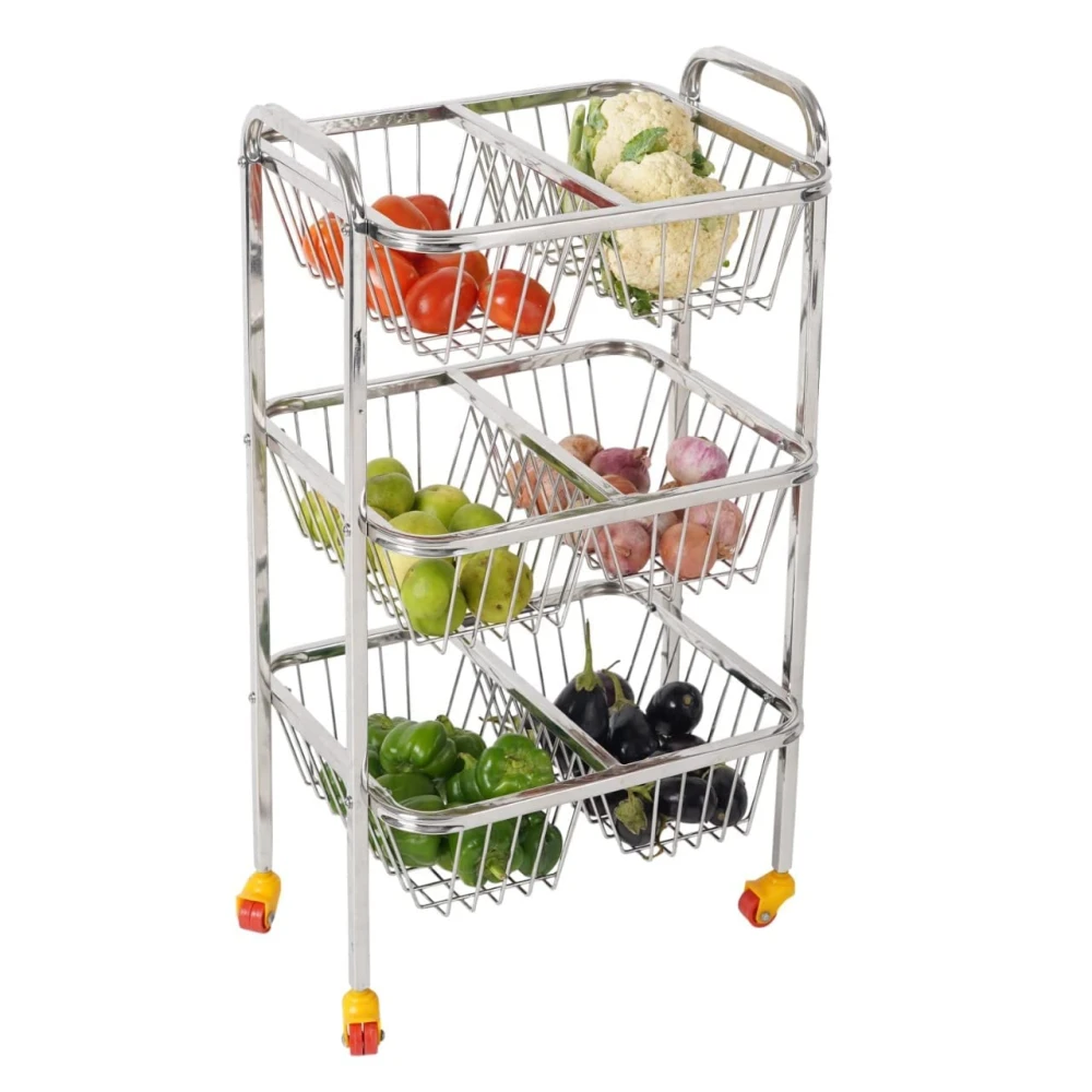 Palomino 3 Layer Stainless Steel Fruit & Vegetable Kitchen Trolley | Vegetable Basket | Fruit Basket | Vegetable Stand for Kitchen Storage | Onion Potato Rack for Kitchen (SUPERDLX-3SHELF, 3 Shelf)