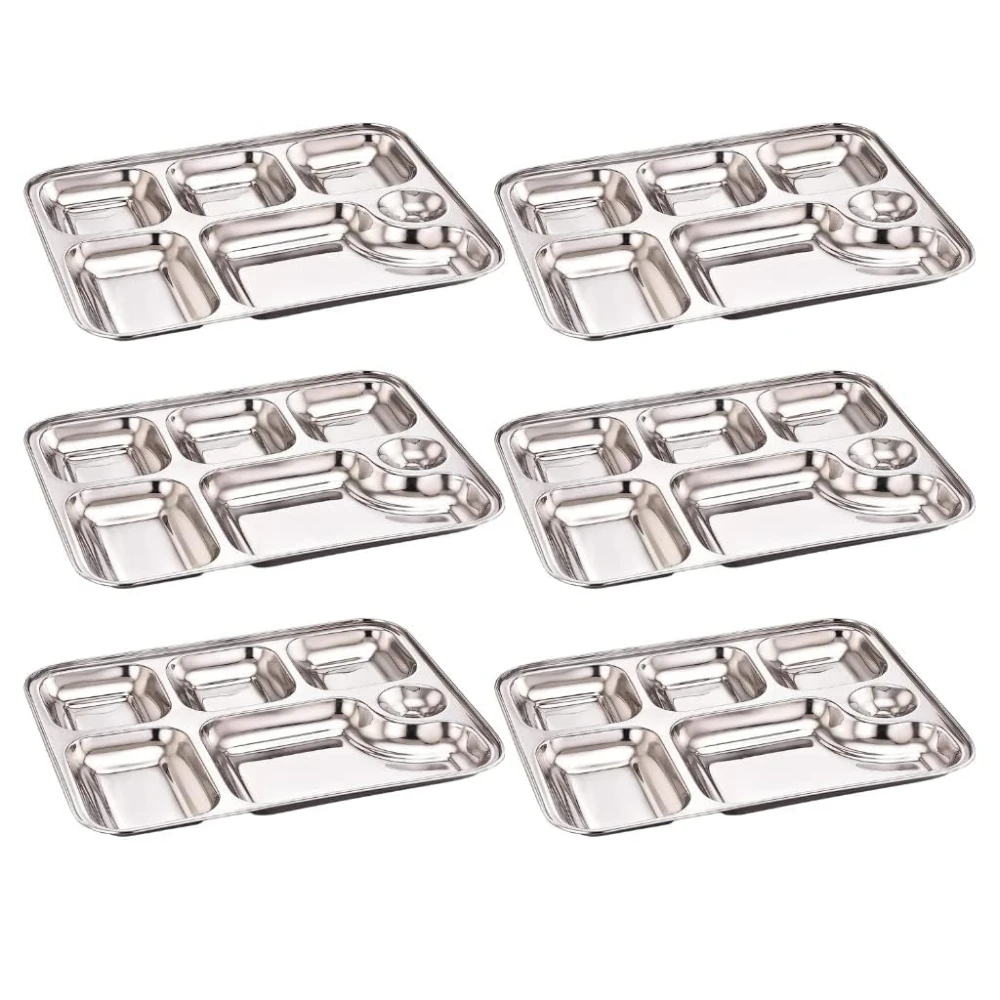 Palomino 6 in 1 Stainless Steel Plates with Compartments | Tiffin Plates | Idli Sambhar Plates | Partition Plates | Breakfast Plate | Steel Plates for Lunch | Dinner