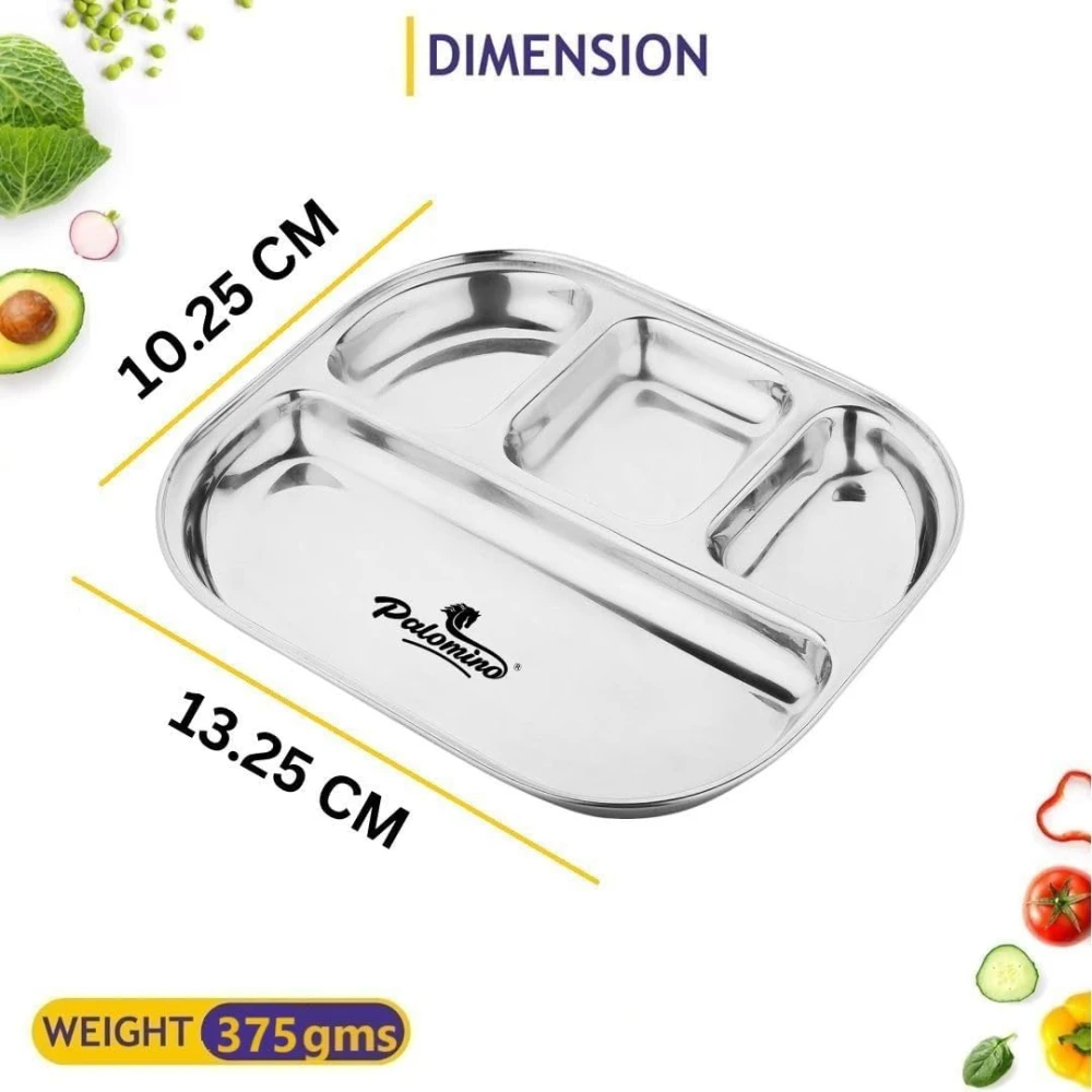 Palomino 4 in 1 Stainless Steel Plates with Compartments | Tiffin Plates | Idli Sambhar Plates | Partition Plates | Breakfast Plate | Steel Plates for Lunch/Dinner (Set of 6 )
