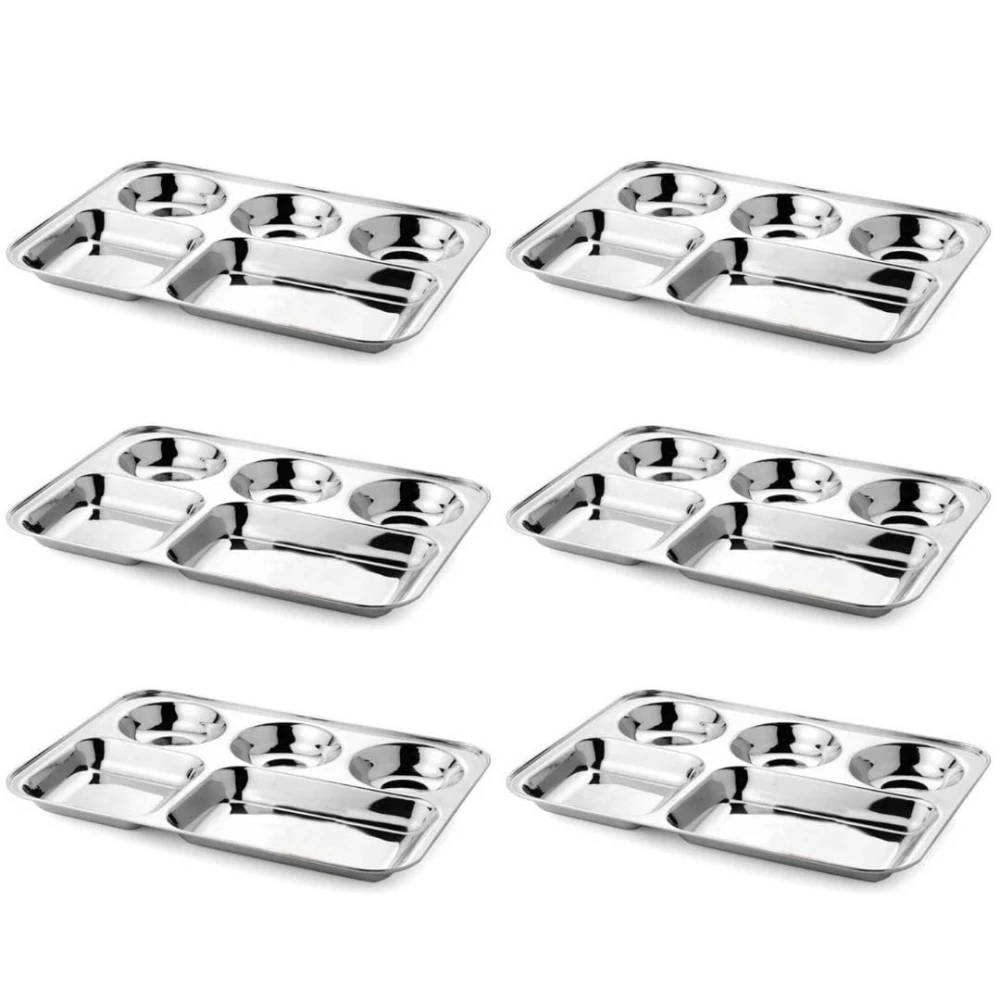 Palomino 5 In1 Stainless Steel Plates with Compartments/Tiffin Plates/Idli Sambhar Plates/Partition Plates/Breakfast Plate/Steel Plates for Lunch/Dinner (Set of 6)