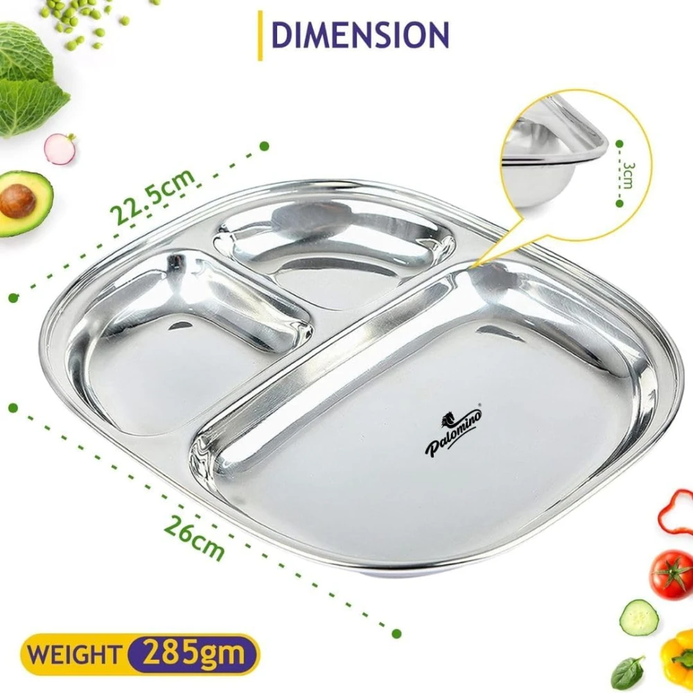 Palomino 3 in 1 Stainless Steel Plates with Compartments | Tiffin Plates | Idli Sambhar Plates | Partition Plates | Breakfast Plate | Steel Plates for Lunch/Dinner