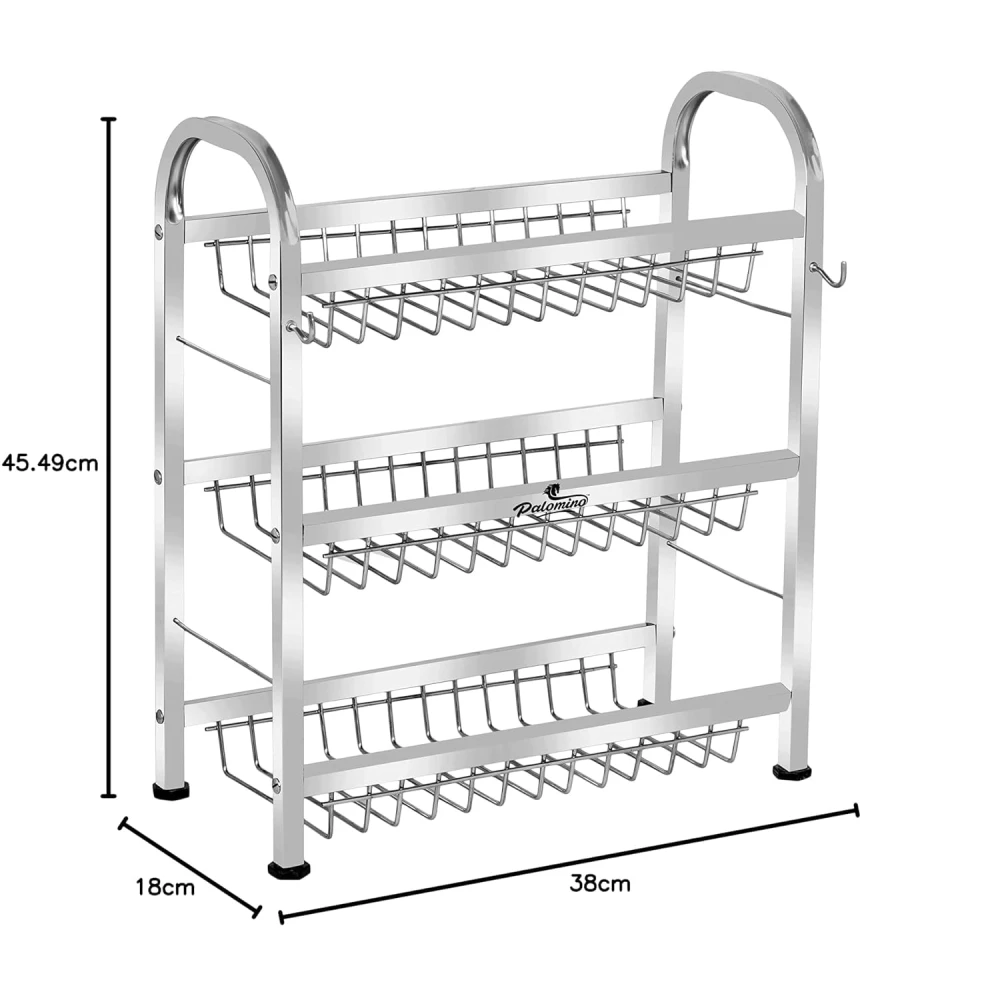 Palomino Stainless Steel Plate Rack | Dish Rack | Plate/Dish Stand | Utensil Rack | Chrome Plated Kitchen Rack | Dish Organizer/Holder | Thali/Tray Stand (18X15 Inch 3 Layer Dish Tray)