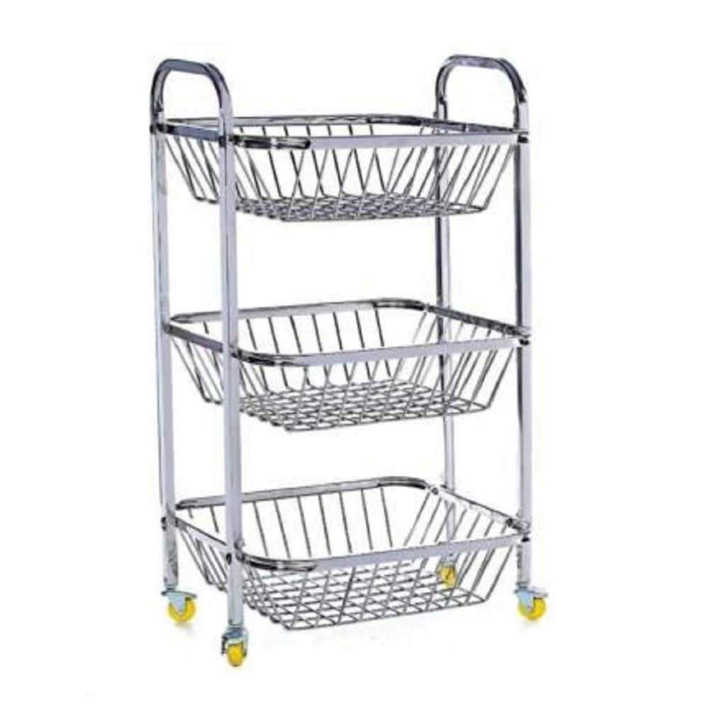 Palomino Stainless Steel 3 Shelf Fruits and Vegetable Trolley with Wheels | Fruits Basket | Modular Kitchen Storage Basket | Kitchen Organizer (Steel)
