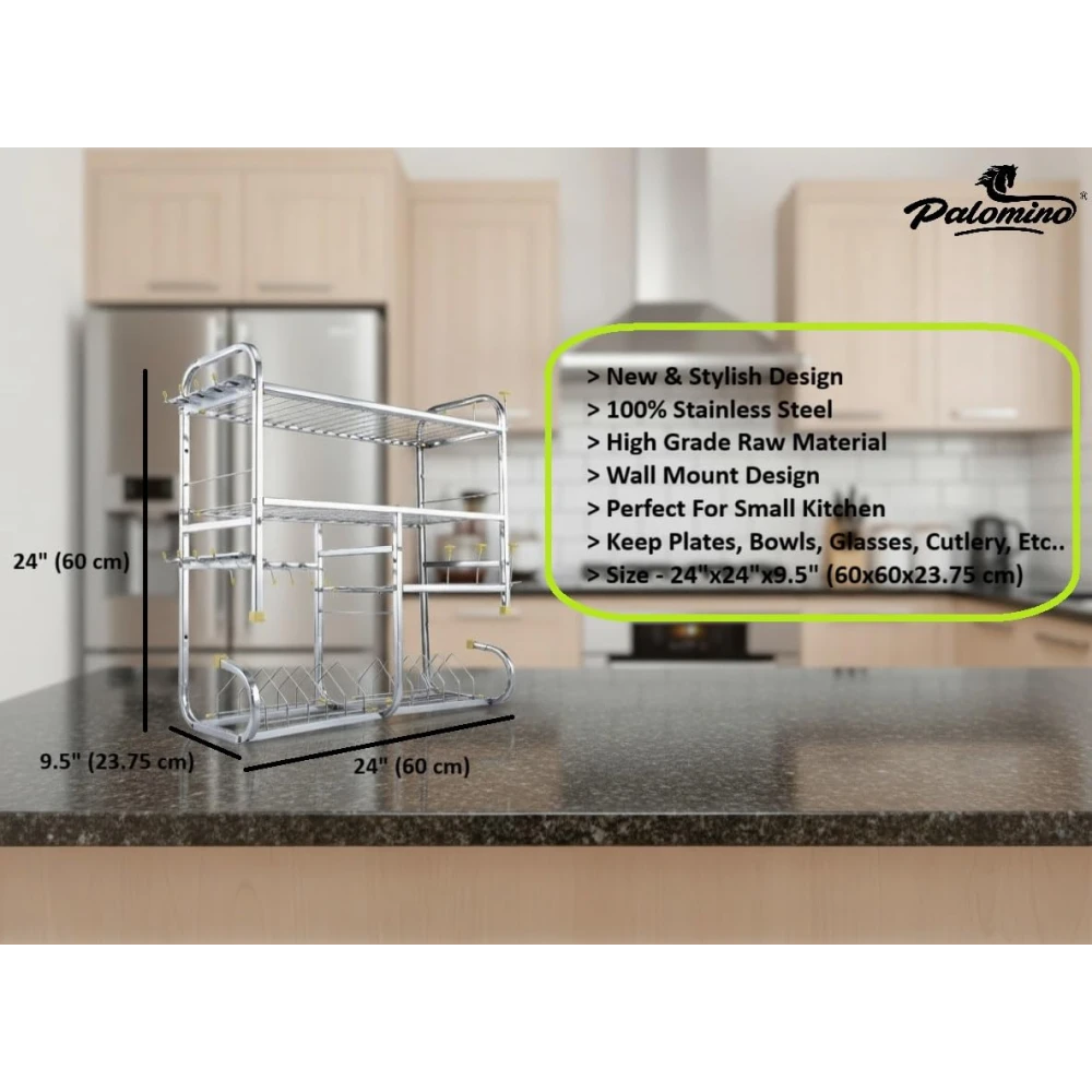 Palomino Stainless Steel Kitchen Dish Rack | Wall-Mounted Drying Rack with Utensil Holder | Bartan Stand | Utensil Stand | Space-Saving Storage Shelves rack (24 x 24 Inch)
