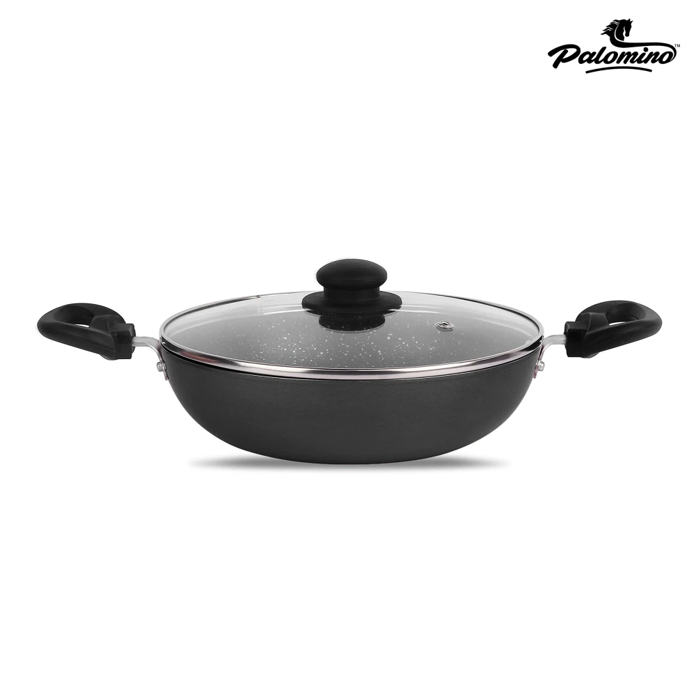 Palomino Induction Base Non-Stick Aluminium Cookware Set of Fry Pan, Tawa/Griddle and Kadhai/Wok with Glass Lid (Black, Set of 4)