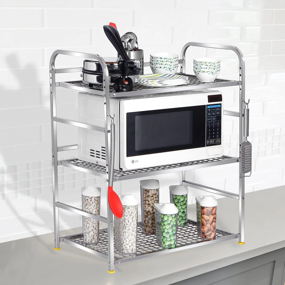 Homify Kitchen Microwave Shelf, Microwave Stand Kitchen Counter Shelf Organizer, Spicy Shelf Rack Toaster Organizer, Microwave Oven Rack, 3 Tiers with 2 Hooks (75 x 38 x 11 cm)