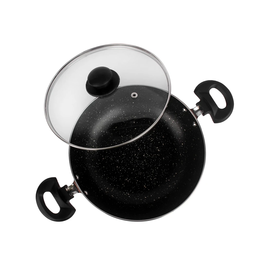 Palomino Heavy Duty Non-Stick Deep Kadhai 3mmThickness Non-Stick Cookware with Glass Lid (24 cm,Pack of 1 Non-Induction Base)