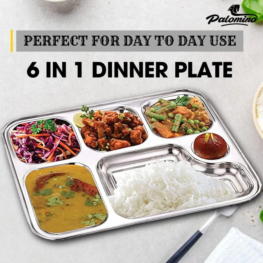 Palomino 6 in 1 Stainless Steel Plates with Compartments | Tiffin Plates | Idli Sambhar Plates | Partition Plates | Breakfast Plate | Steel Plates for Lunch | Dinner