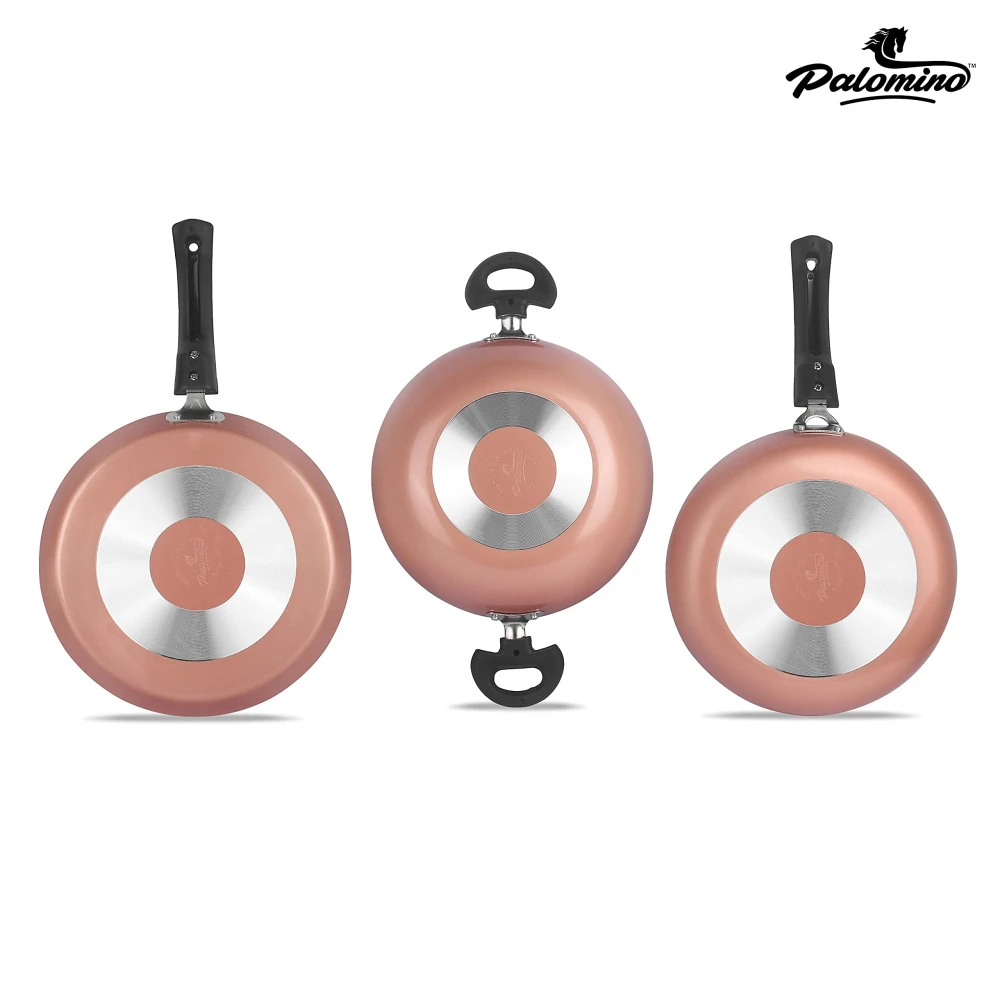 Palomino Non-Stick Aluminium Cookware Set of Fry Pan, Tawa/Griddle and Kadhai/Wok with Glass Lid (Copper-Color, Set of 4, Non- Induction Base)