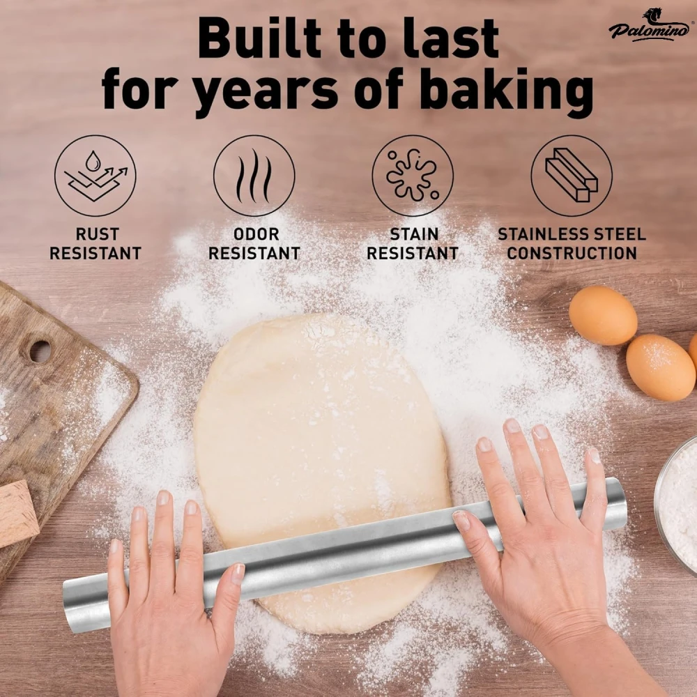 Palomino Professional Stainless Steel Belan Rolling Pin - Lightweight Metal French Rolling Pin - Perfect for Baking, Fondant, Pizza Dough Roller, Dumpling Silver color