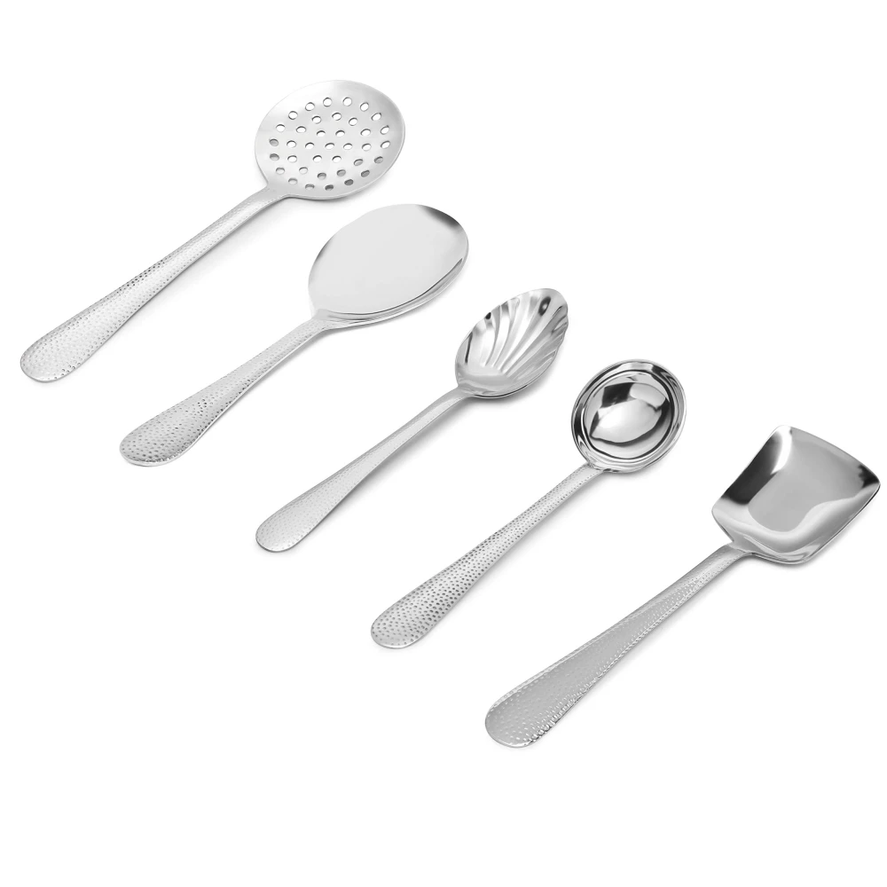 Palomino Kitchen Tool Stainless Steel Cooking and Serving Spoon Set 5 Pcs | Non-Stick Ladle, Skimmer, Solid Spoon, Rice Server and Slotted Turner/Spatula for Cooking/Frying - 5Pcs