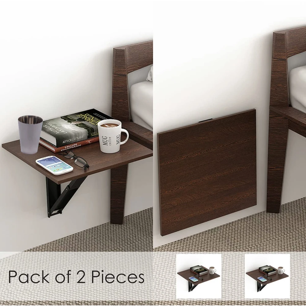 Palomino Wooden Wall Mounted Folding Coffee and Tea Table, Drop-Leaf Folding Bed Side Table and Study, Mini Laptop Table for Home, Living Room, Office Table Desk Workstation Side Desk, Brown(2pc)