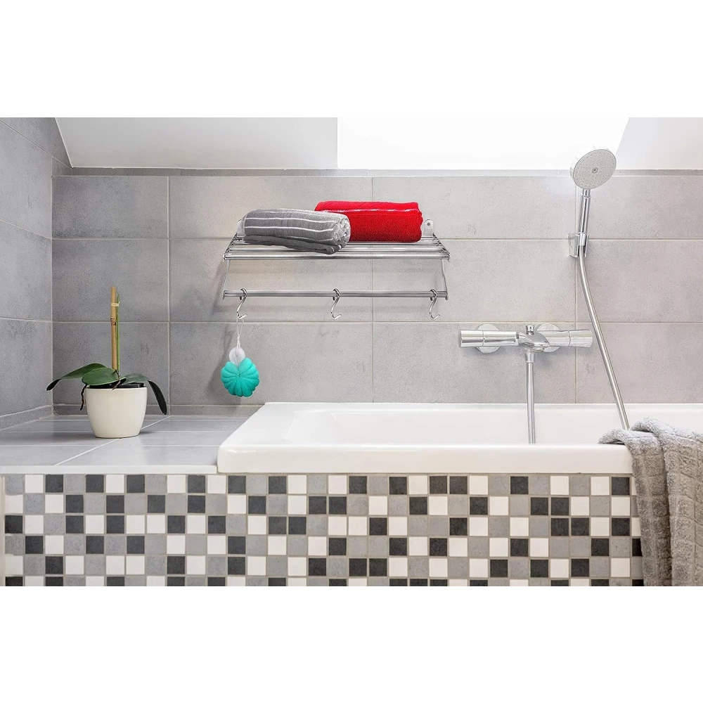Palomino Stainless Steel Wall Mounted Cloth Drying Rack Stand Hanger Towel Bar Stand with 5 Bars with 3 Extra Hooks for Bathroom|Balcony|Kitchen