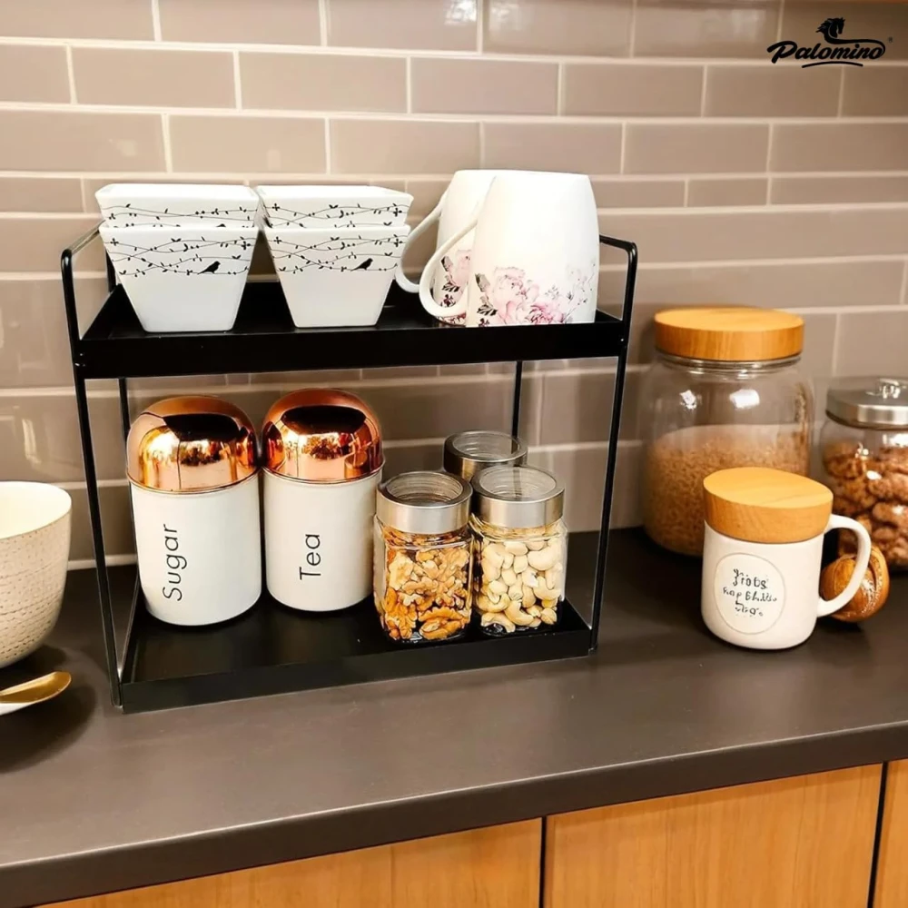 Palomino 2-Tier Metal Standing Spice Rack Storage Organizer, Bathroom Countertop Storage Shelf Cosmetic Organizer and Home and Kitchen Spice Rack (Black)