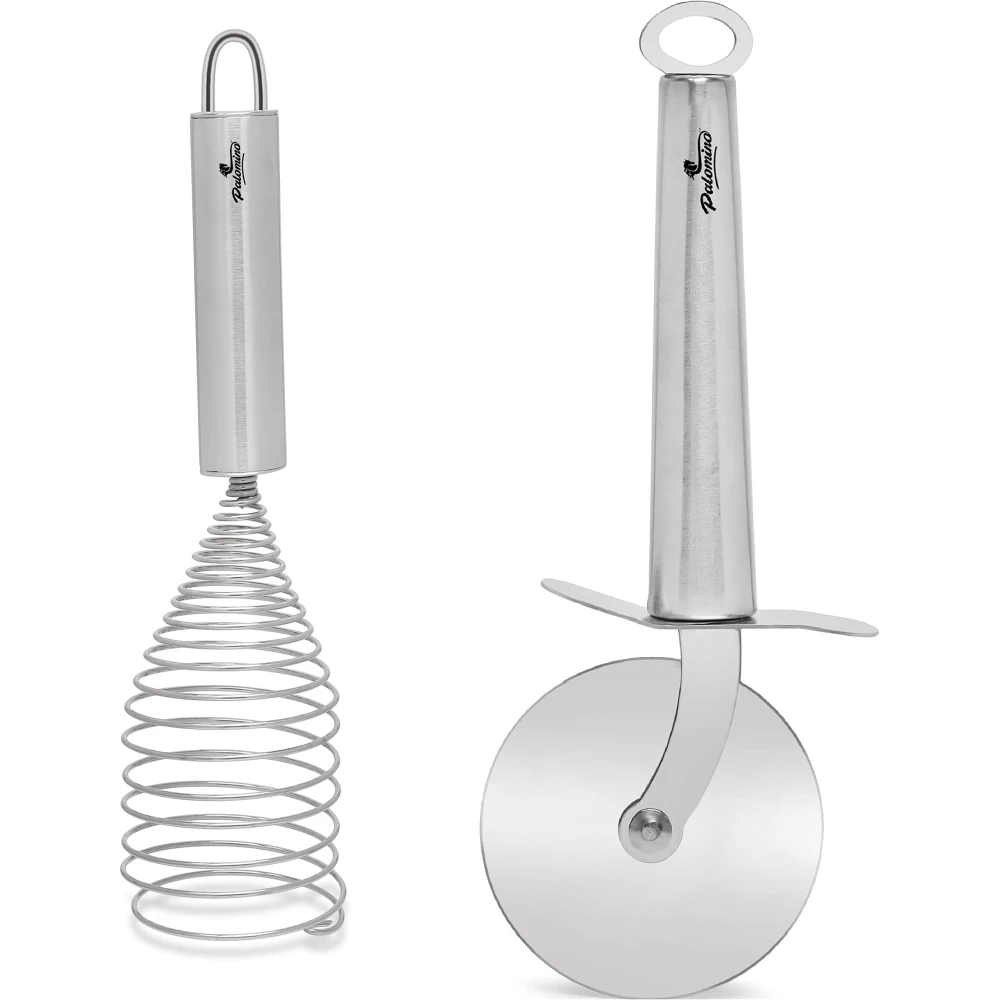 Palomino Stainless Steel Kitchen Essentials Pizza Cutter Egg Beater/Egg Whisker Pizza Cutter Stainless Steel Kitchen Tool Set of 2