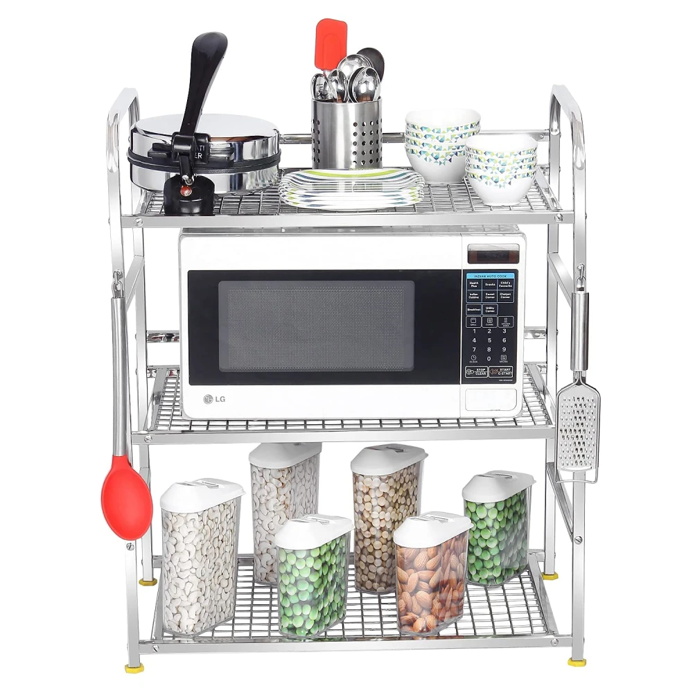 Palomino Kitchen Microwave Shelf, Stand Kitchen Counter Shelf Organizer, Microwave Oven Rack, 3 Tiers with 2 Hooks (75 x 38 x 11 cm, Stainless Steel, Tiered Shelf)