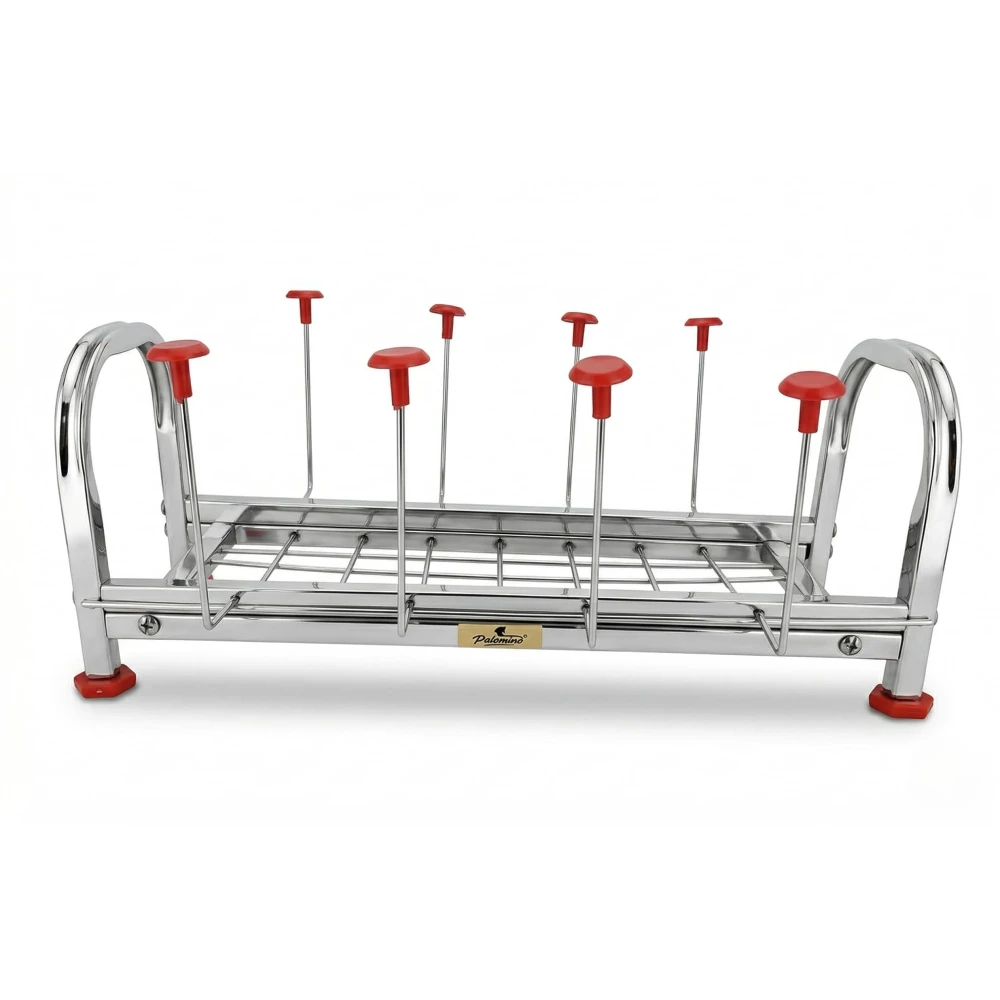 Palomino Stainless Steel Kitchen Rack with Glass Holder | Heavy Duty Cup & Glass Stand with 8 Hooks | Rust-Proof Countertop Organizer Shelf for Kitchen, Tea Cups, Utensils Storage (8 GLASS)