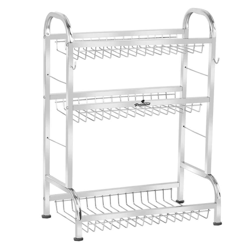 Palomino Stainless Steel Dish/Plate Rack/Stand | Utensil Rack | Modern Kitchen Rack | Container/Jar Stand | Dish Organizer | Rack with Plate & Cutlery Rack (24X18 Inch 3 Layer Kitchen)