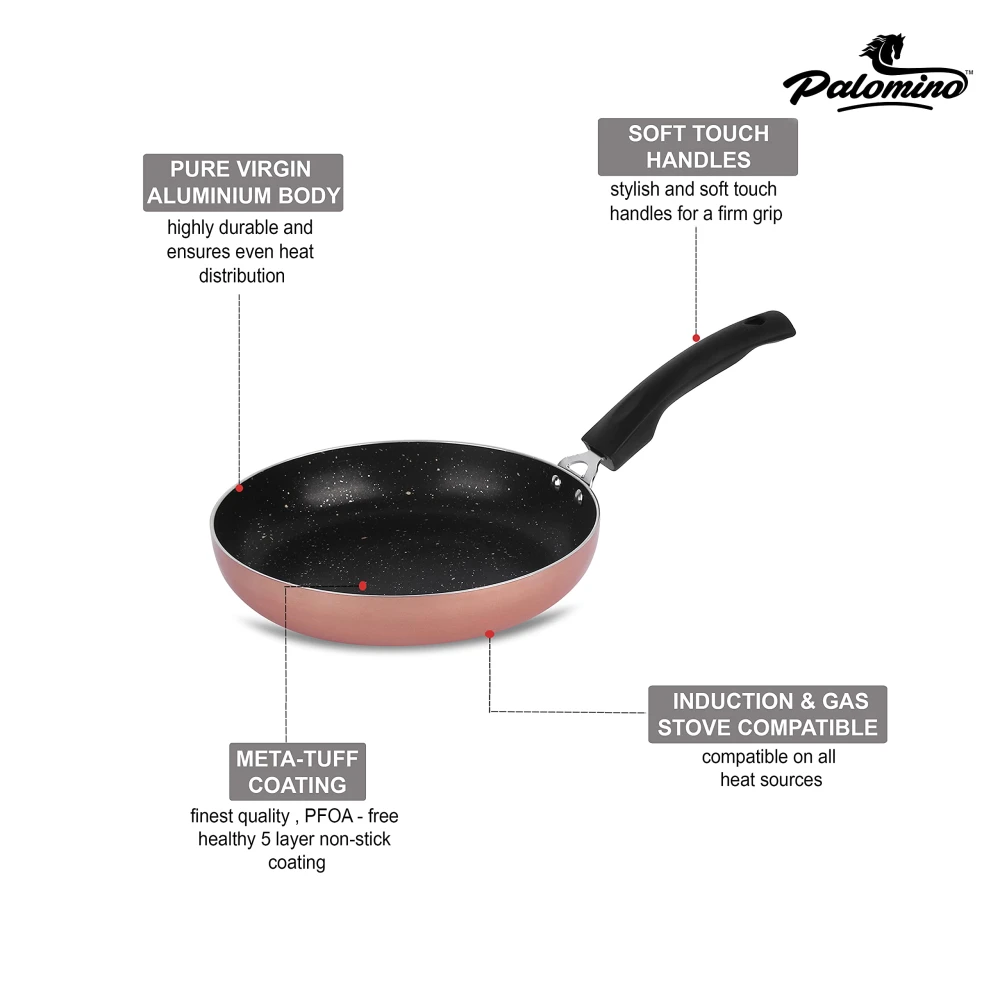 Palomino Induction Base Non-Stick Aluminium Cookware Set of Fry Pan, Tawa/Griddle and Kadhai/Wok with Glass Lid (Copper-Color, Set of 4)