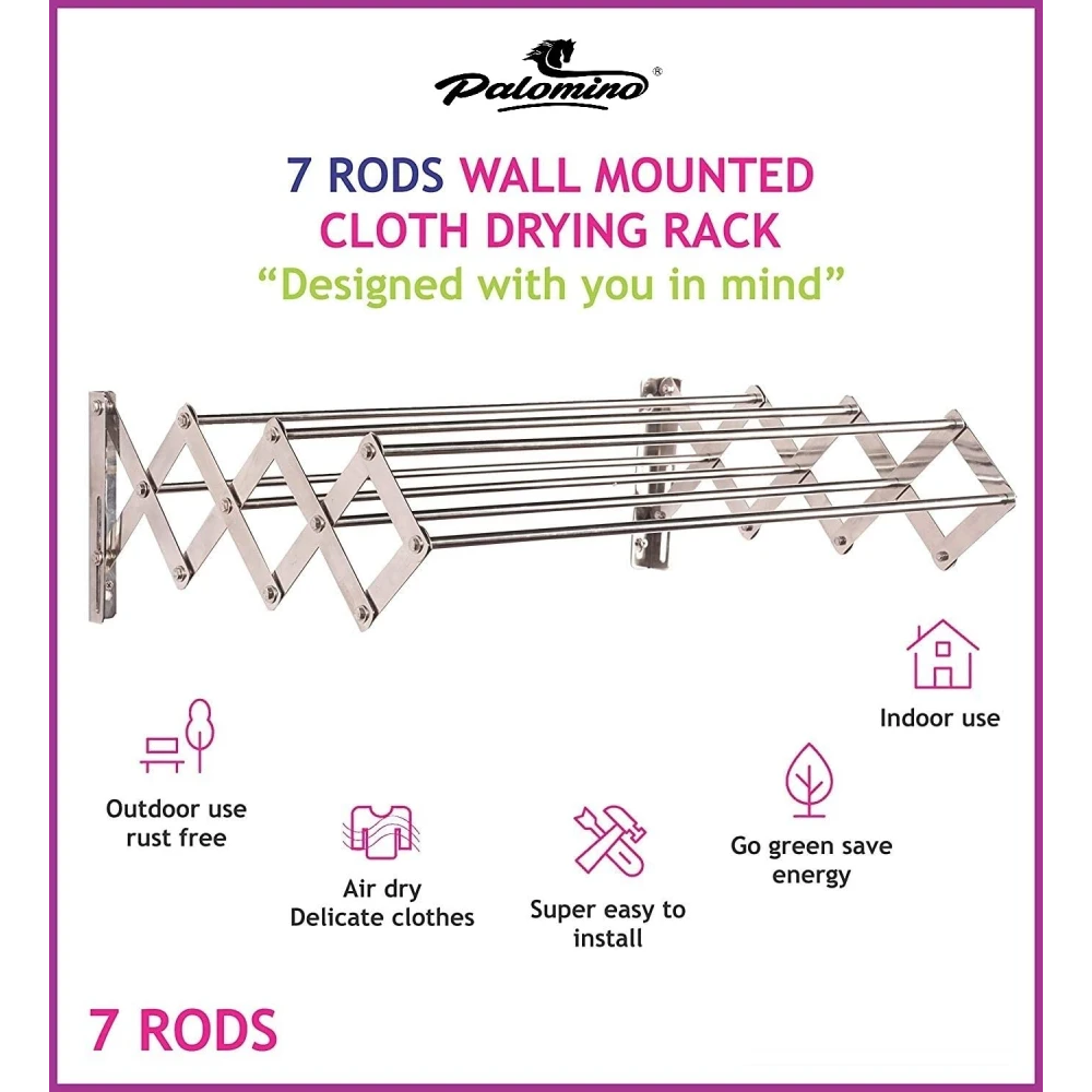 Palomino 7 Rod - Rust-Free Stainless Steel Wall Mount Clothes Drying Stand/Cloth Dryer Racks/Towel Bar Dry Foldable Laundry Rack for Bathroom/Balcony/Indoor/Outdoor/Home/Office/Flat (30 inches)