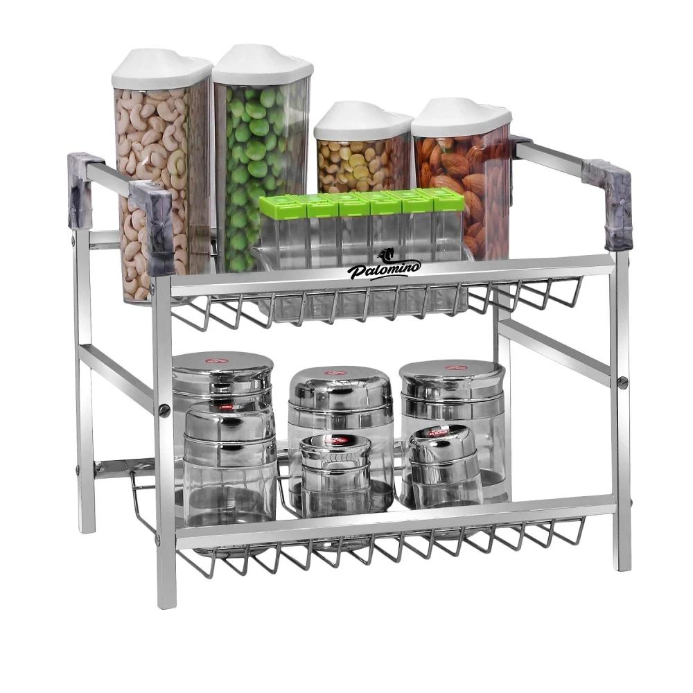 Palomino Stainless Steel 2-Tier Rack Container Organiser/Basket for Boxes Utensils Dishes Plates for Home Containers Kitchen Rack