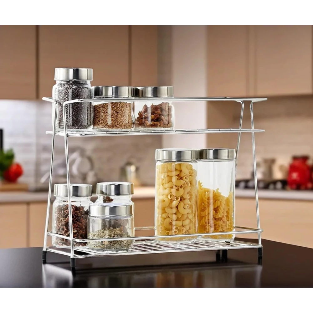 Palomino Stainless Steel 2 Layer Spice Rack | Modular Kitchen Storage Organizer | Multipurpose for Countertop, Tabletop | Tiered Silver Rack