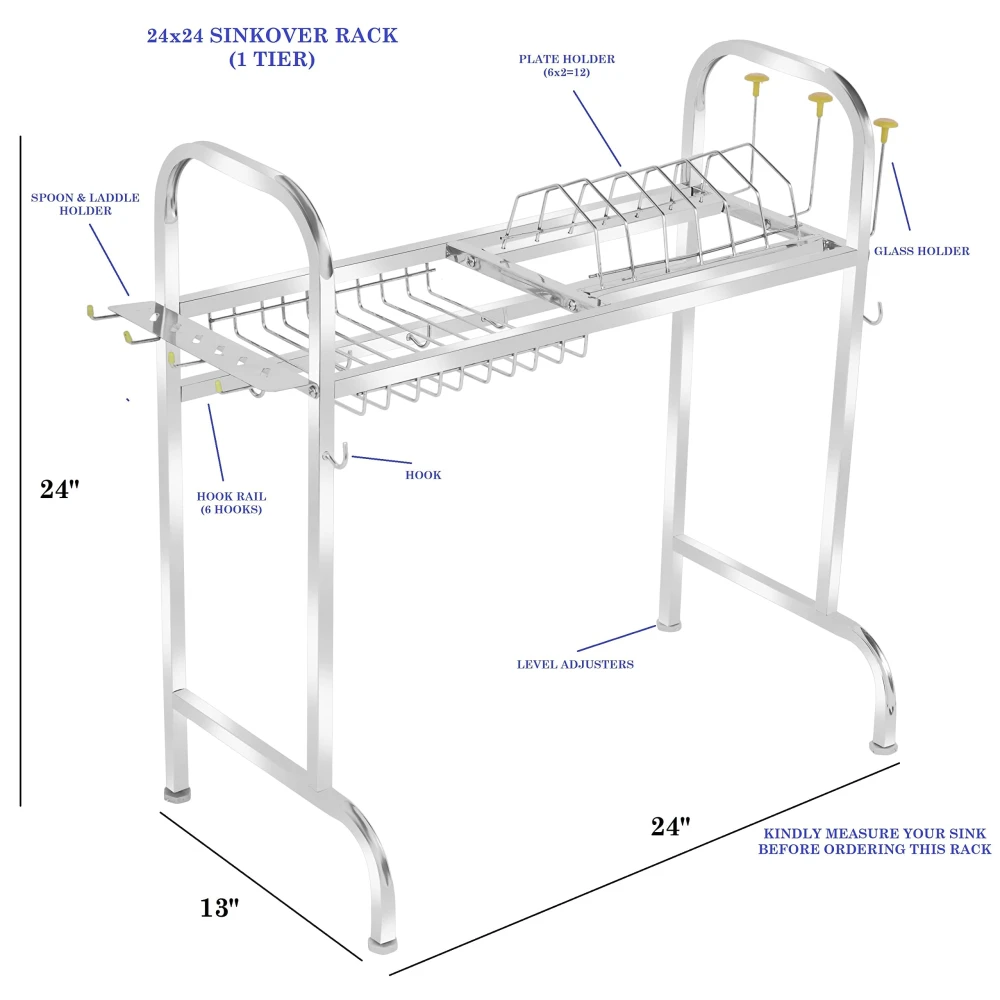 HOMIFY Stainless Steel Over The Sink Dish Drying Rack 24 Inch, 1-Tier Utensil Holder for Kitchen Counter Top, Standing Shelf for Organize Kitchen