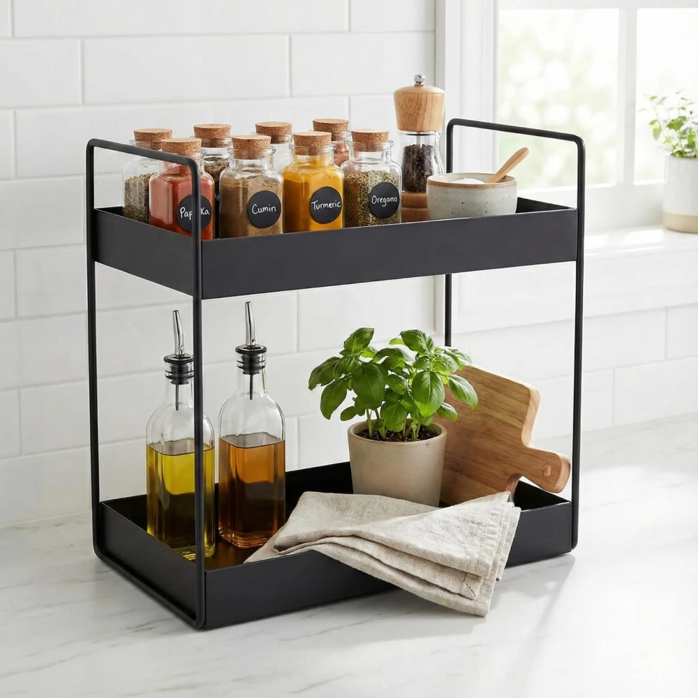 Palomino 2-Tier Metal Standing Spice Rack Storage Organizer, Bathroom Countertop Storage Shelf Cosmetic Organizer and Home and Kitchen Spice Rack (Black)