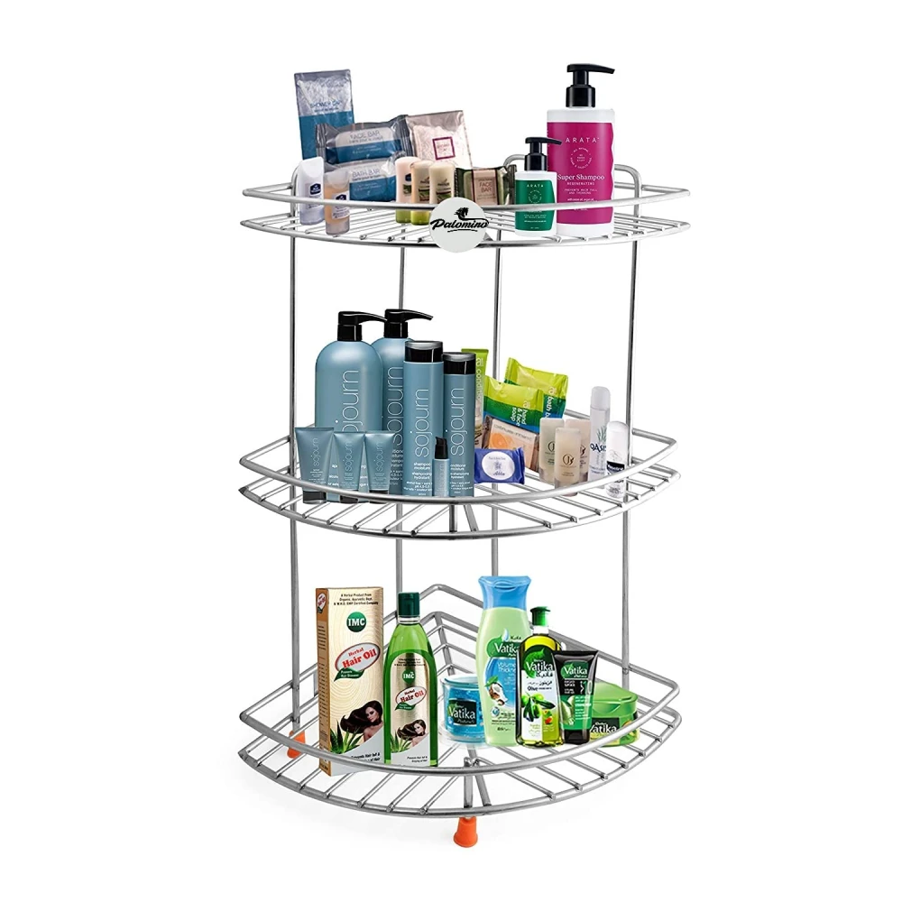 Palomino 3 Shelf Corner Rack Stainless Steel Corner Rack Shelf for Kitchen Corner Shelf Rack for Bathroom (30x30x45 Cm)