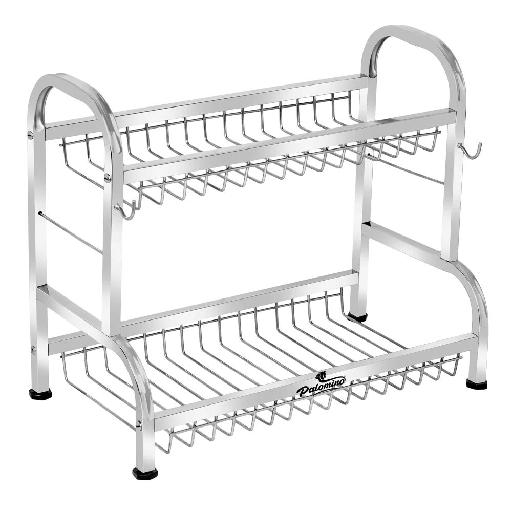 Palomino Stainless Steel Dish/Plate Rack/Stand | Utensil Rack | Modern Kitchen Rack | Container/Jar Stand | Dish Organizer | Rack with Plate & Cutlery Stand (15X18 Inch 2 Layer Kitchen Tray)