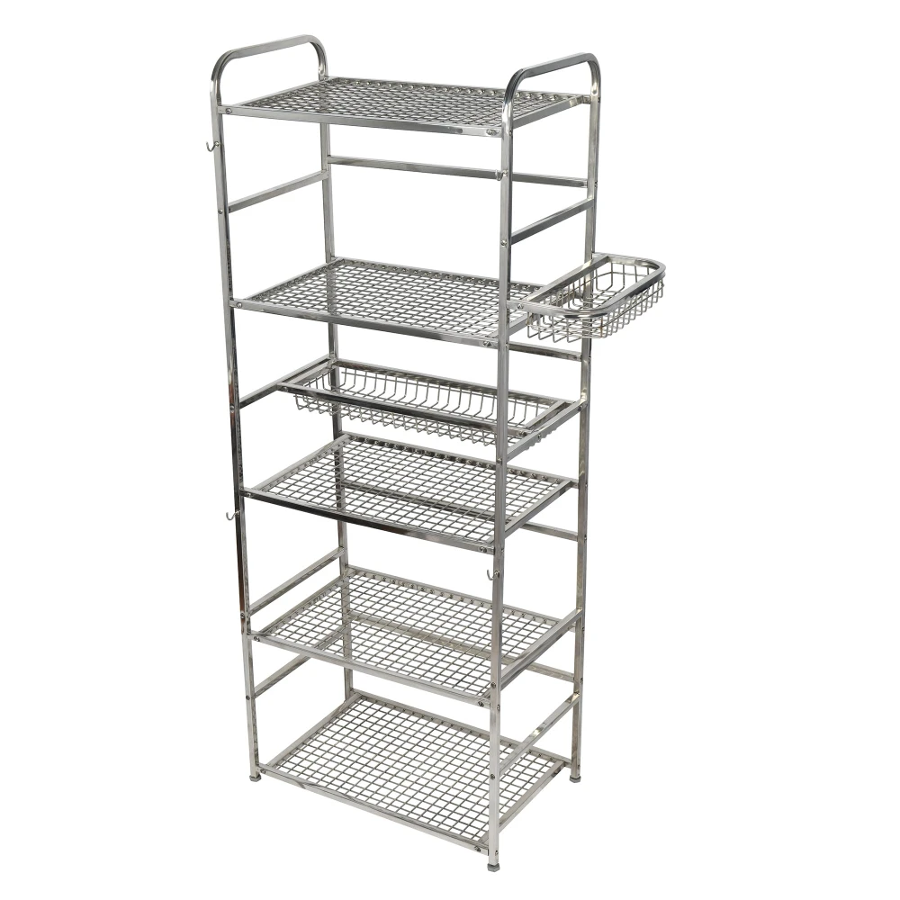 Palomino Stainless Steel Space Saver Kitchen Rack Stand for Microwave Oven Utensil Organizer Cutlery Storage Multipurpose Rack Stand for Home and Kitchen with Extra Hooks (Silver) (6 Shelf) (X-Large)
