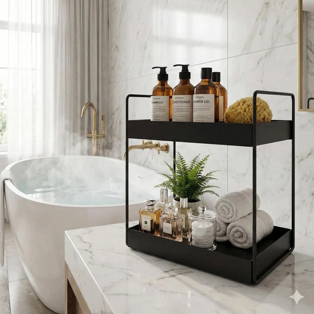 Palomino 2-Tier Metal Standing Spice Rack Storage Organizer, Bathroom Countertop Storage Shelf Cosmetic Organizer and Home and Kitchen Spice Rack (Black)